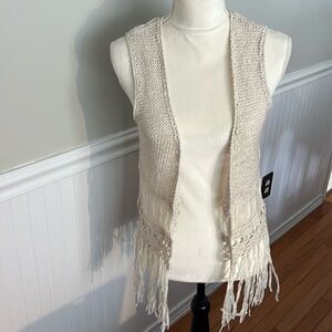 FANG Women’s Beige Crochet Boho Open Vest with fringe Size Large